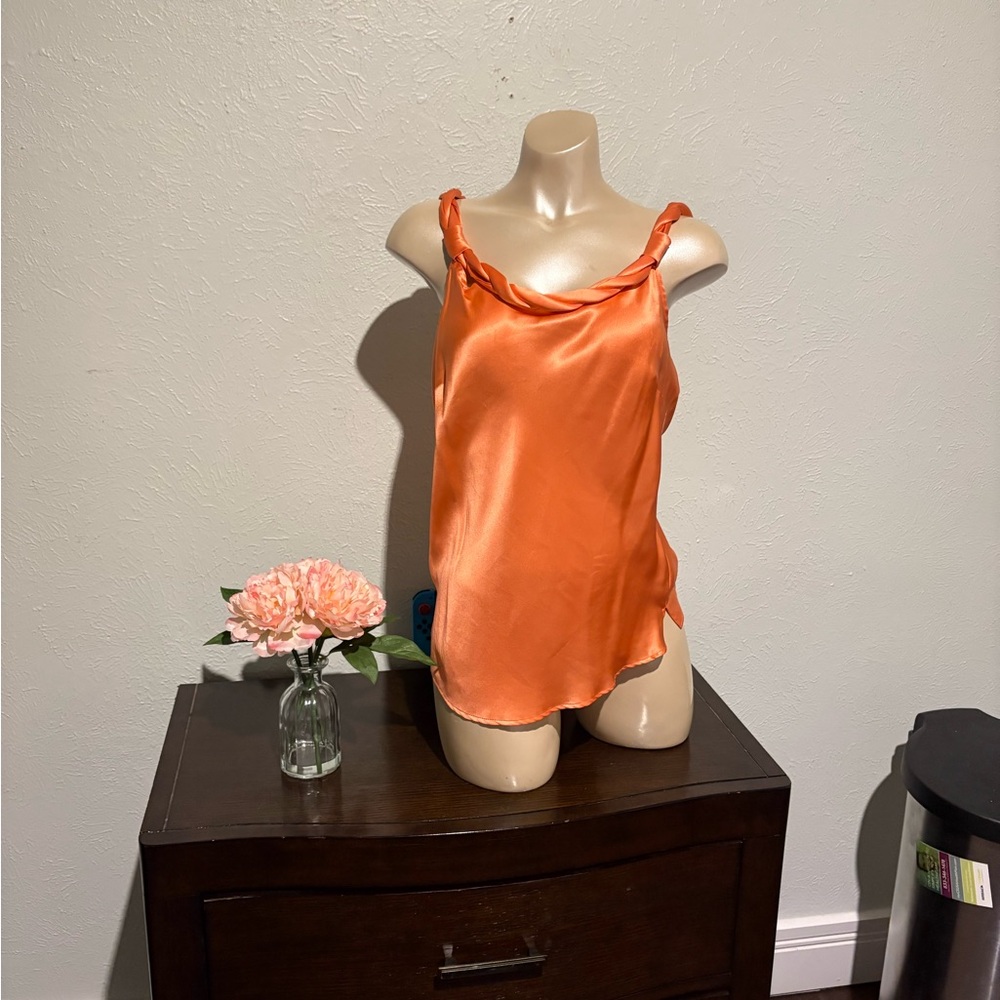 Elegant rope tie coral Women's Top sleeveless 100% silk